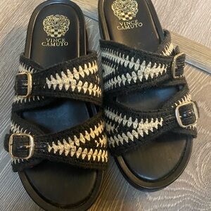 Vince Camuto Black and Tan Buckle Sandals
